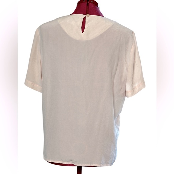 Pink 100% silk loose fit crepe de chine short sleeve blouse with neck detail - Picture 4 of 13